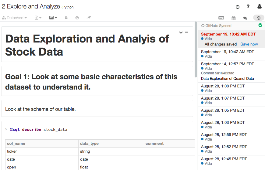 Viewing commit history in a Databricks Notebook.