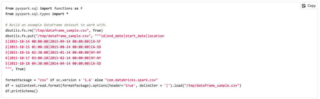 Screenshot of a code sample in the Databricks documentation featuring a one-click copy to clipboard function.
