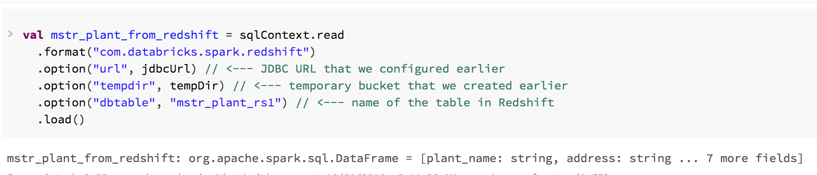 Screenshot from a Databricks notebook demonstrating how to create a Dataframe from an entire Redshift table.