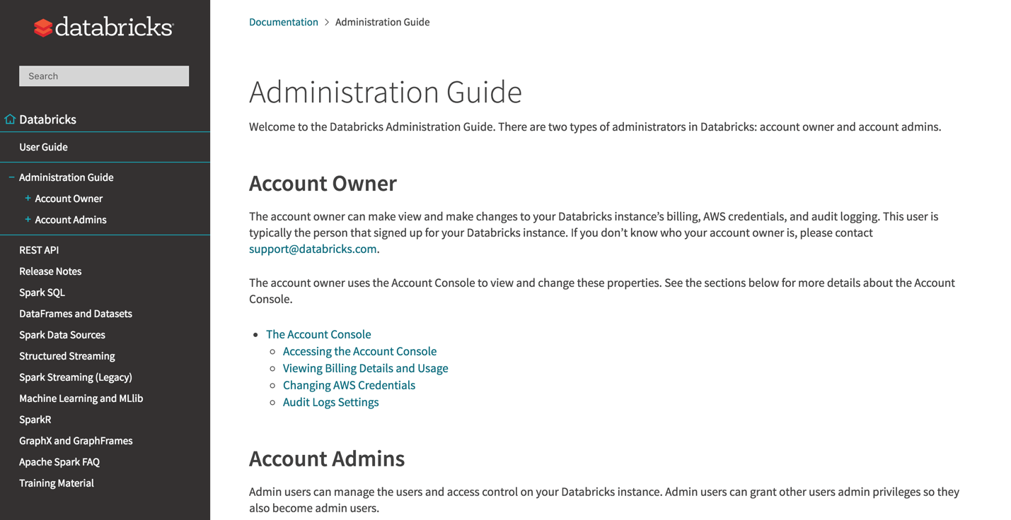 Screenshot of the Databricks Administration Guide homepage