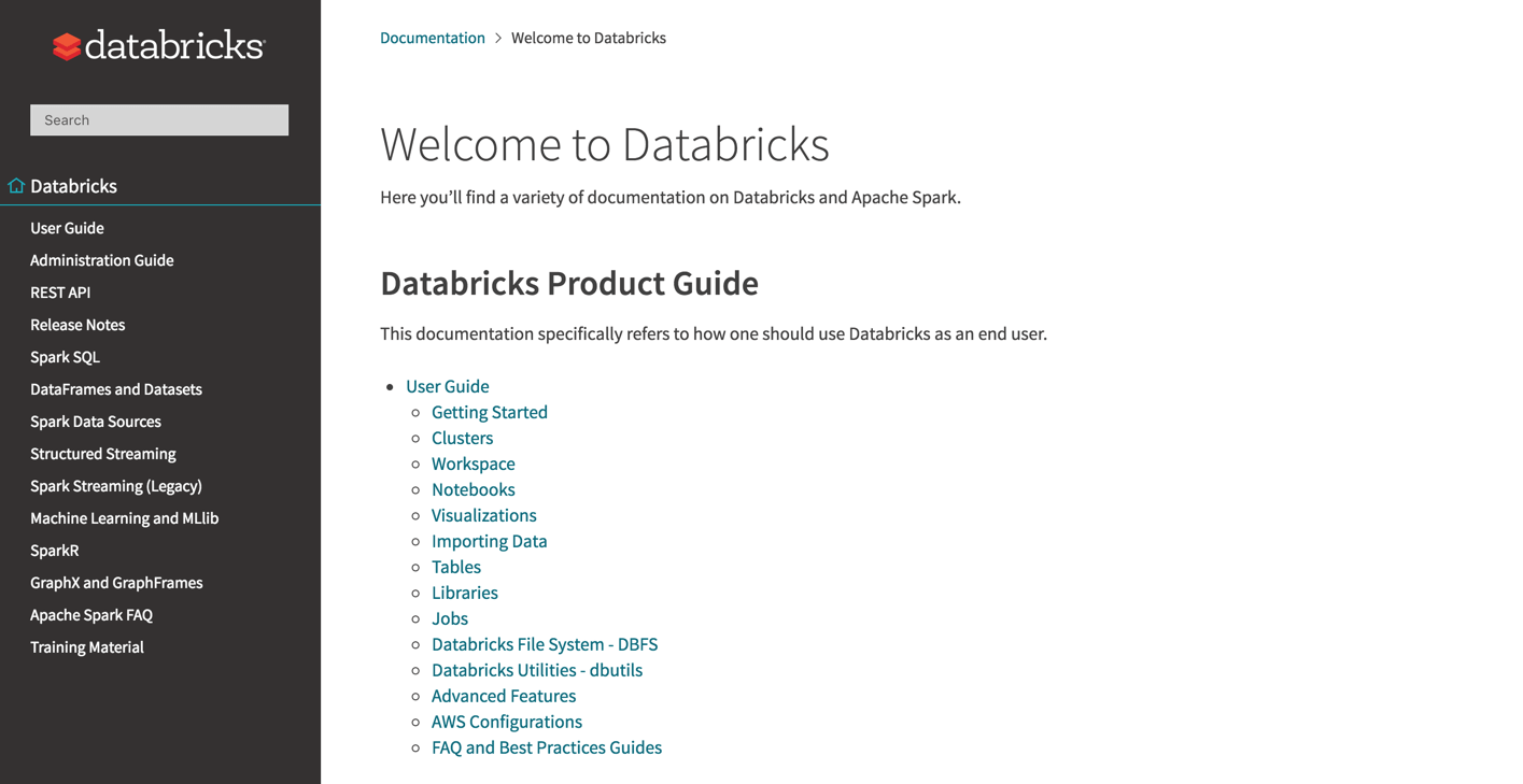 Screenshot of the Databricks product documentation homepage.