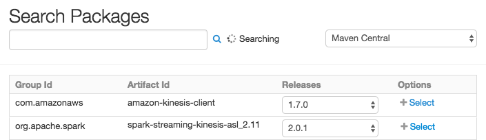 Selecting the kinesis-client and spark-streaming-kinesis packages in Databricks.