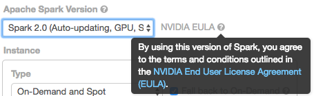 Screenshot showing that the user accepts the NVIDIA EULA when creating a GPU accelerated cluster