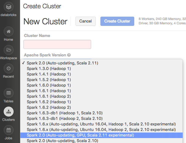 Screenshot showing the various AWS instances Databricks offers