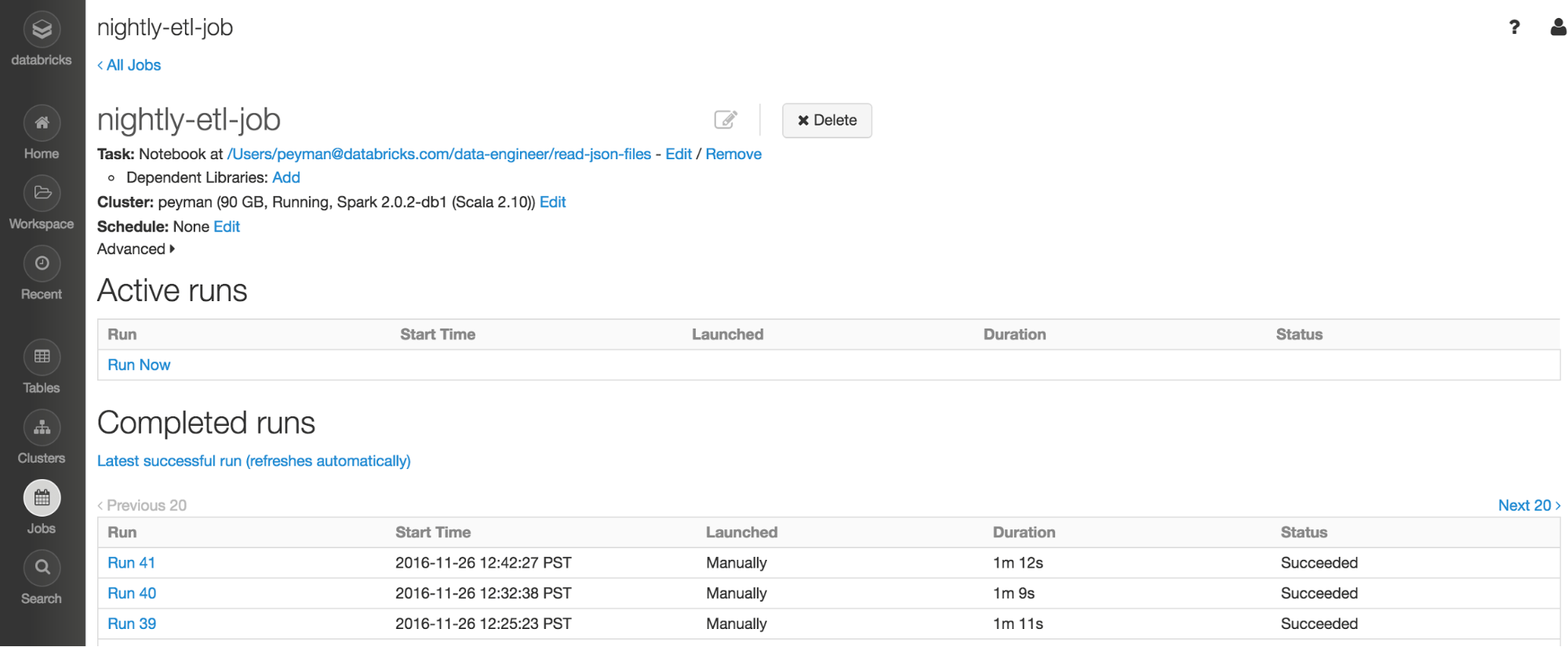 Example of a Databricks Job being triggered by AWS Data Pipeline