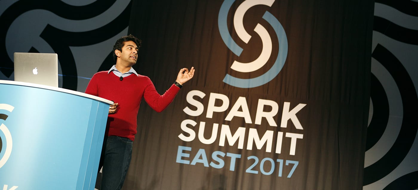Sameer Agarwal speaking at Spark Summit East 2017.