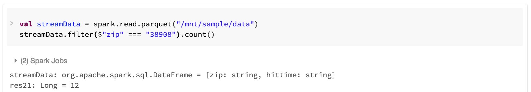 Example of a user filtering data from a parquet file