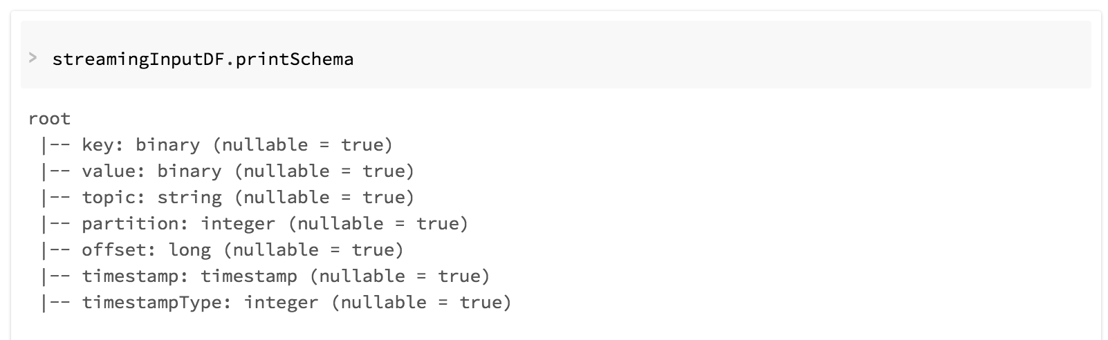 An example of the streamingInputDF DataFrame schema