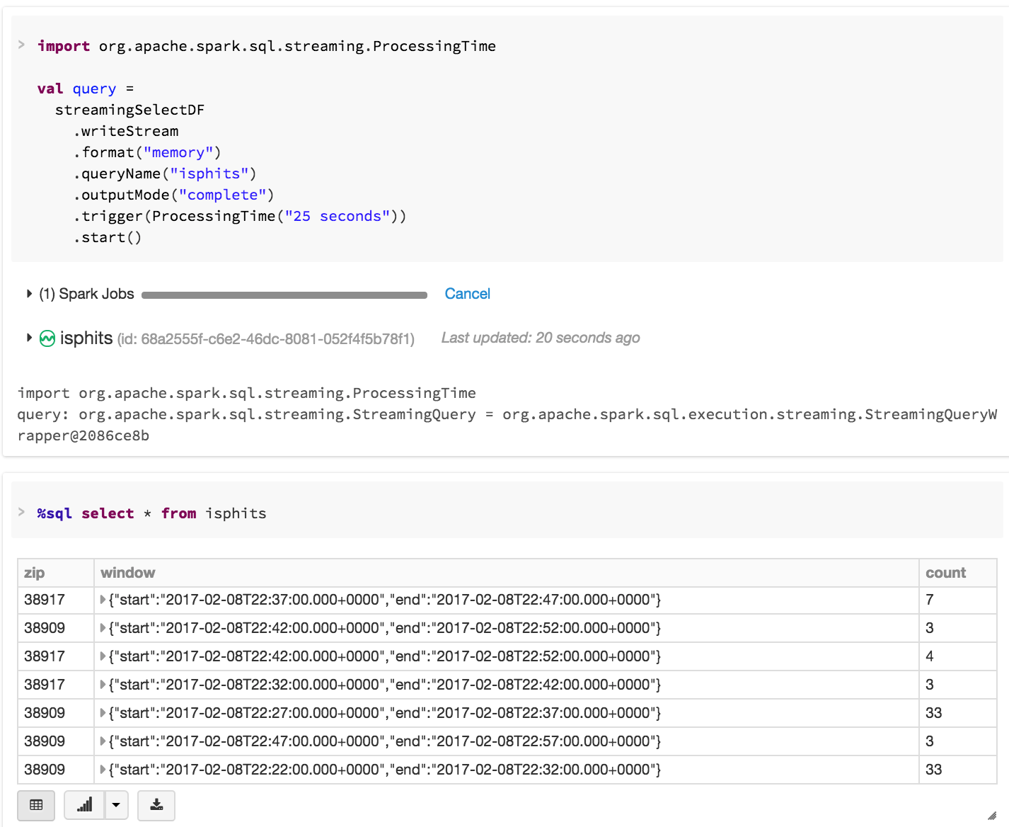 An example of a user querying an in-memory Structured Streaming table via SQL