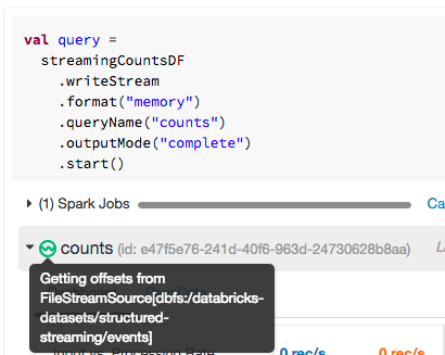 Screenshot of a user observing a stream's state in Databricks