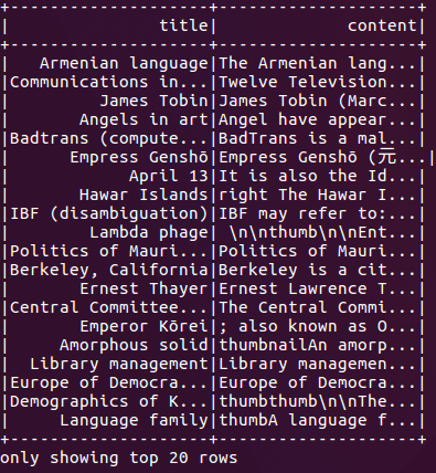 Console output showing the first 20 rows of the Wikipedia Extraction (WEX) dataset