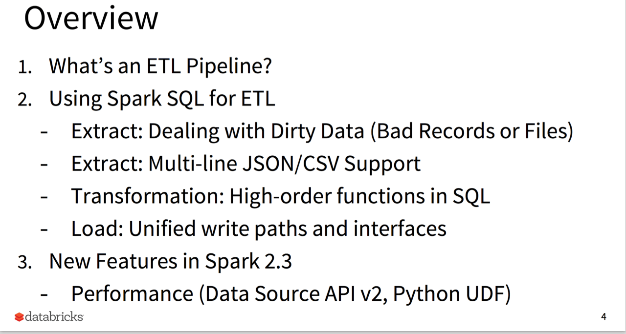 Slide showing the overview of Spark SQL being used for ETL