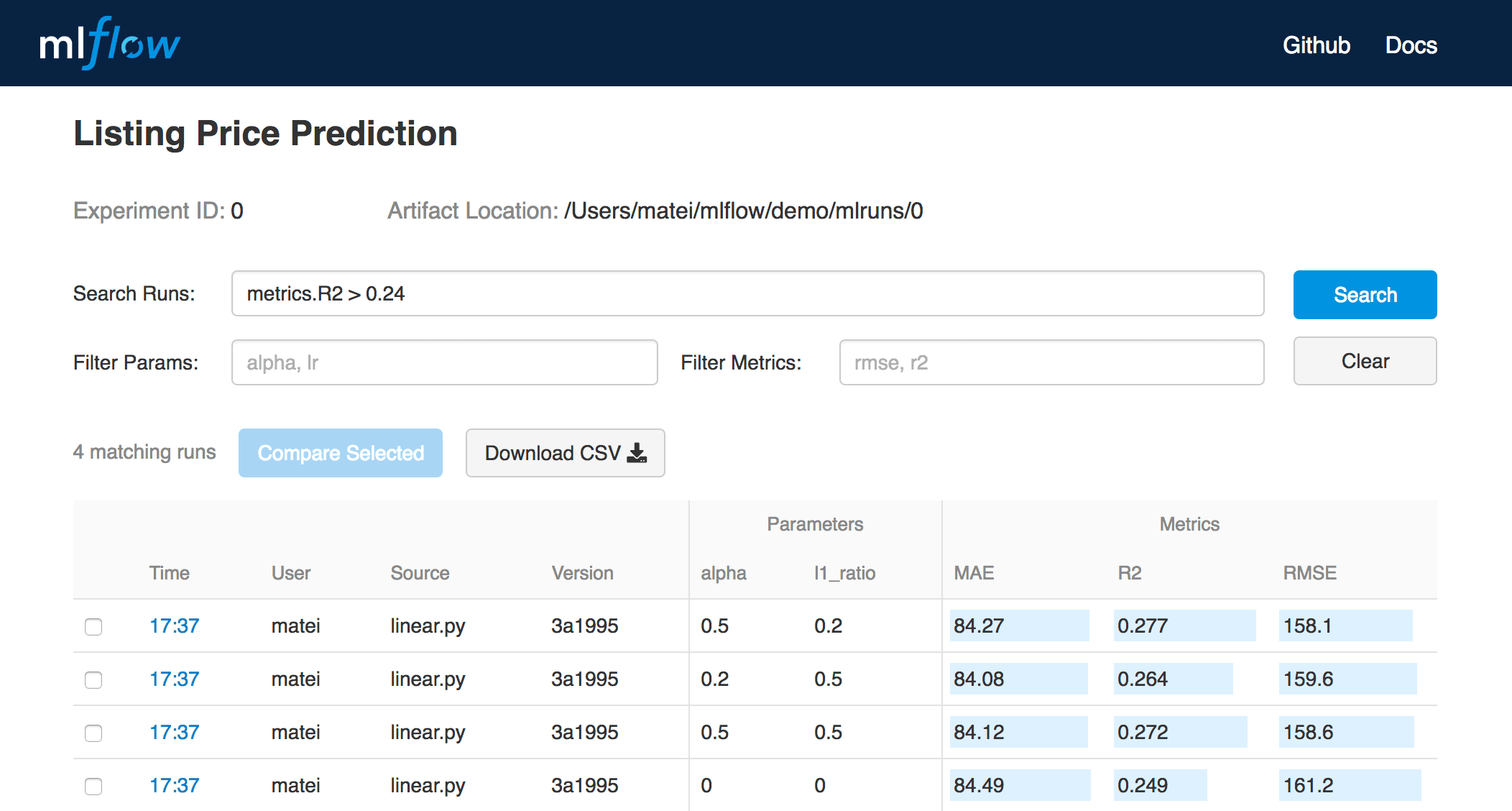 MLflow Tracking UI