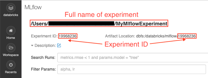 Databricks MLflow User Interface with Experiment ID and Artifact location