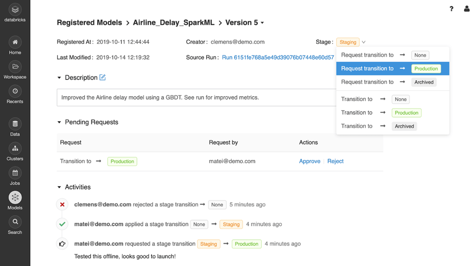 Example machine learning model page view in MLflow, showing how users can request and review changes to a model’s stage.