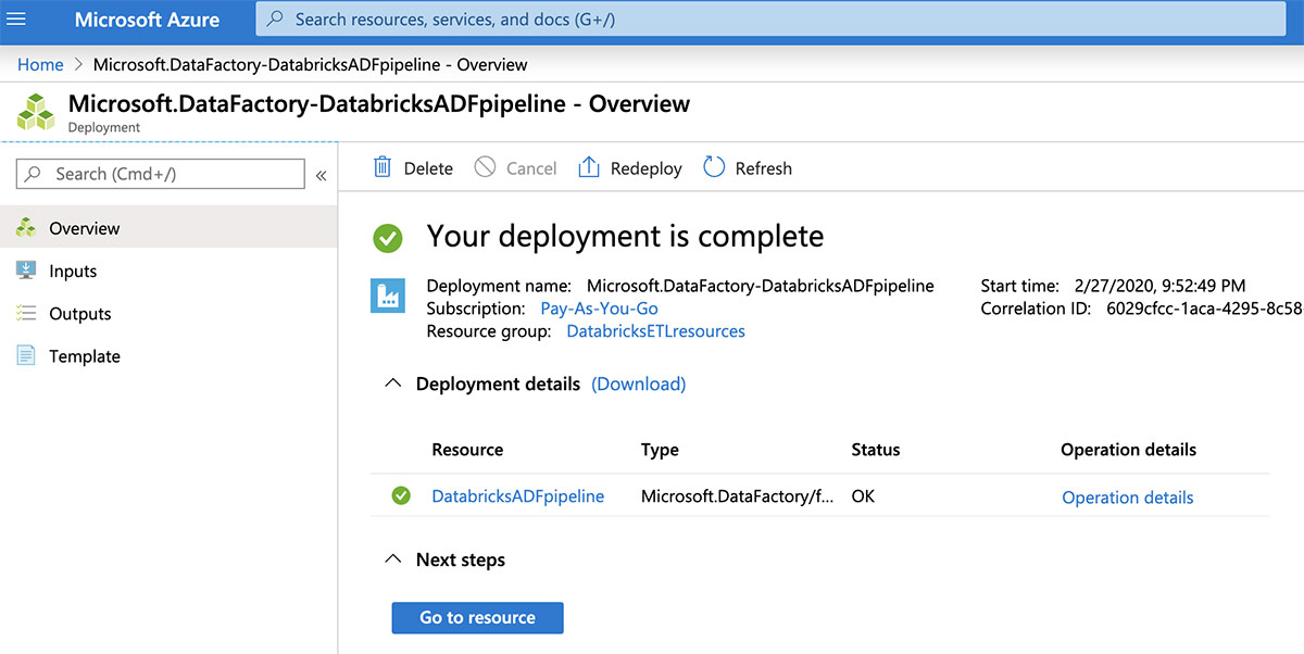 Go to resource once data factory deployment is complete(데이터 팩터리 배포가 완료되면 리소스로 이동)를 클릭합니다.