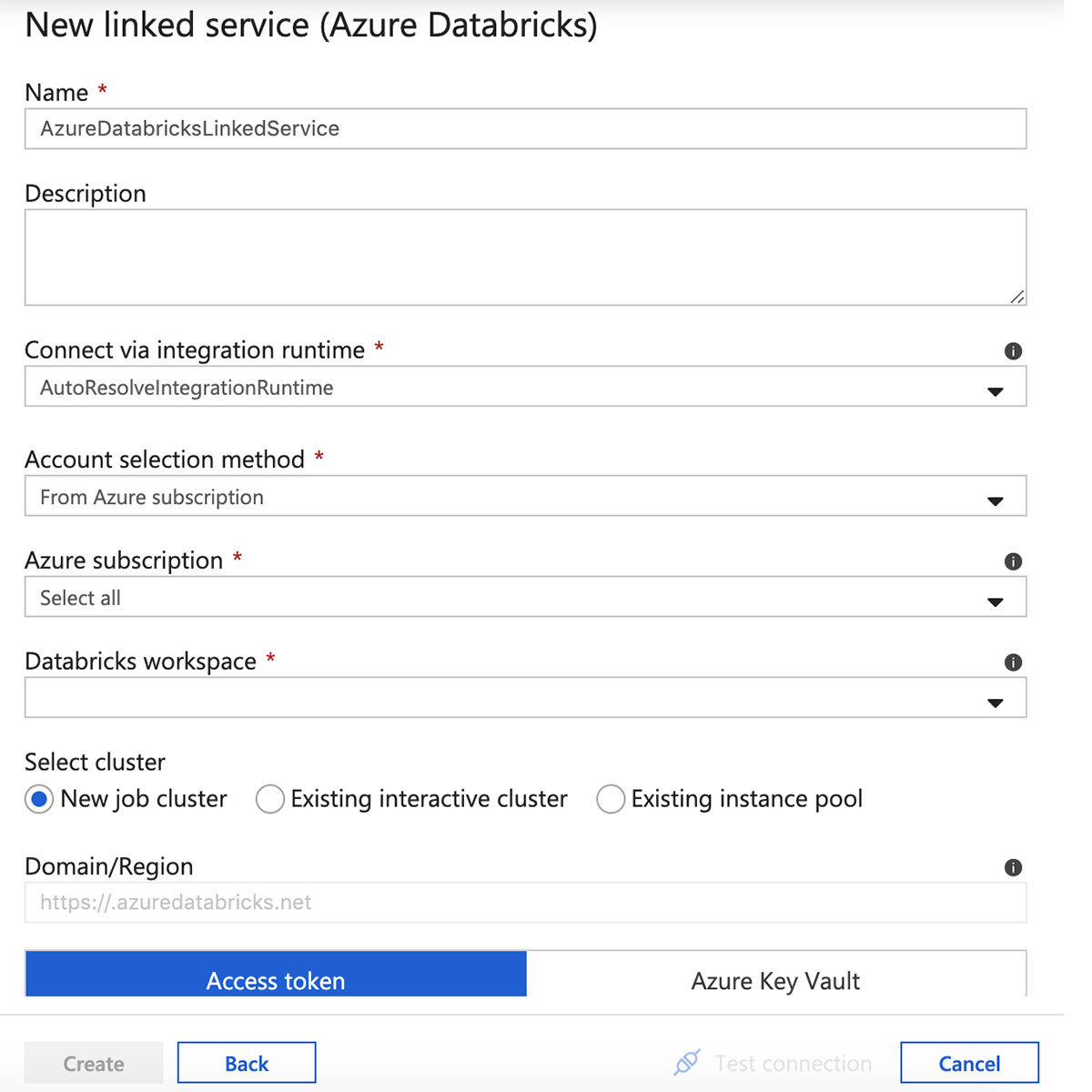 Azure Databricks 연결된 서비스의 이름을 지정합니다.