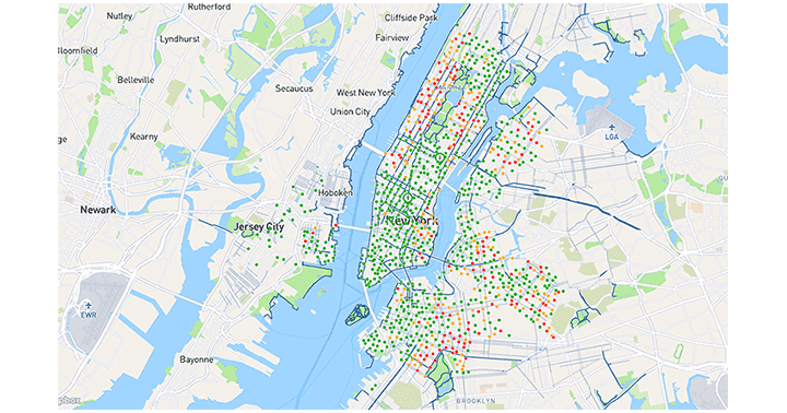 Sample sales data visualization for Citi Bike NYC, illustrating demand across available rental stations.