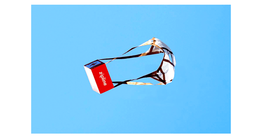 A package of medical supplies delivered via a Zipline drone