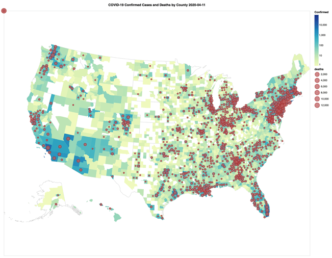 COVID-19 Confirmed Cases (counties) and deaths (lat, long) using Altair Choropleth map on 3/22 and 4/11 per Johns Hopkins COVID-19 dataset 