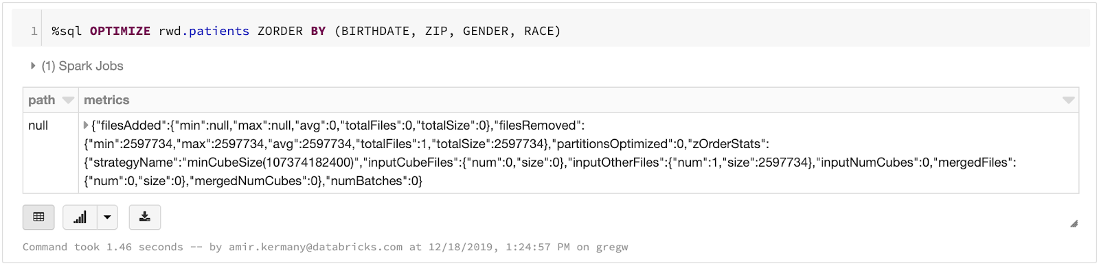 Example use of Delta Lake’s Z-ordering command, to optimize the table so it can be rapidly queried down by either dimension.