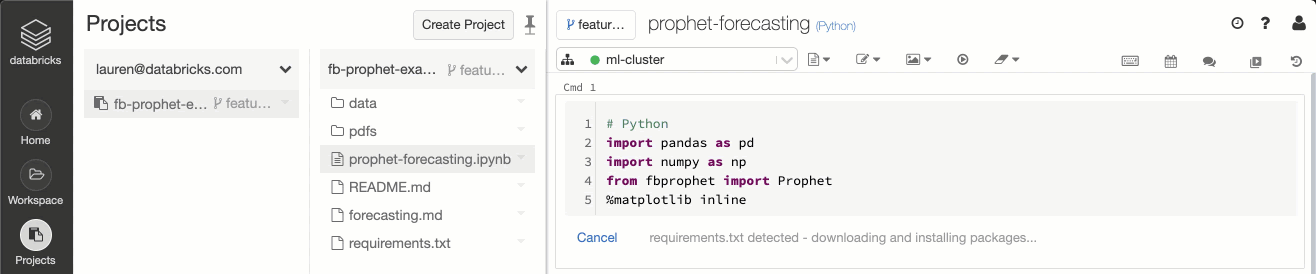  Integration between Databricks Runtime and Projects allows data teams to automatically detect the presence of environment specification files (e.g. requirements.txt) and install the library dependencies.<br />
