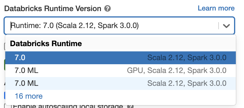 Databricks Runtime 7.0 で Spark 3.0を使用するには、クラスタ起動時にドロップダウンメニューから Spark 3.0 を選択するだけで��す。