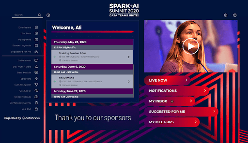 Personalized dashboard provided as part of the Spark + AI Virtual Summit 2020 attendee experience.