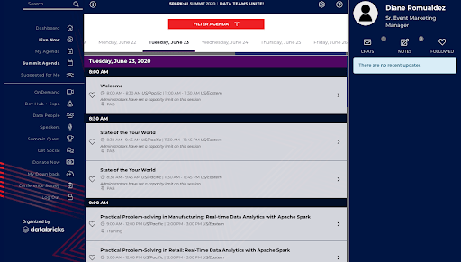 Online agenda builder provided as part of the Spark + AI Virtual Summit 2020 attendee experience.