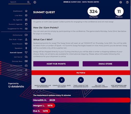 Summit Quest Leaderboard provided as part of the Spark +AI Virtual Summit 2020 attendee experience.