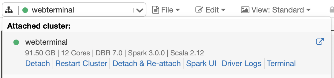 The new Databricks Web Terminal can be accessed via a “Terminal” shortcut inside a notebook’s Cluster dropdown menu.