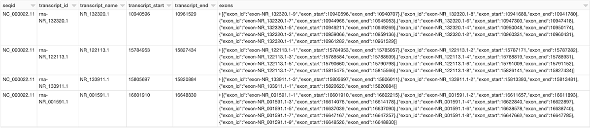 Sample Spark DataFrame demonstrating Glows ability to summarize a specific parent-child feature of any exon.