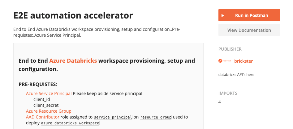 Using the automation accelerator to automate the end-to-end set up of Azure Databricks in Postman.