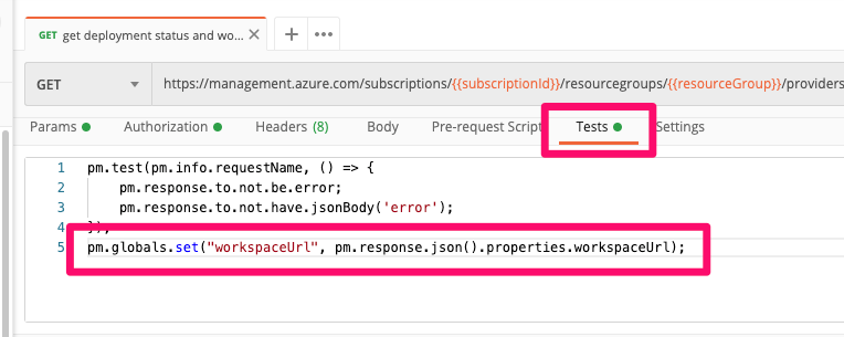 Using “Get workspace URL” to return the Azure Databricks workspace URL to use in subsequent calls.