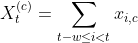 Sum over indicator functions, xi,c, for i over t-w ≤ i < t, given c.