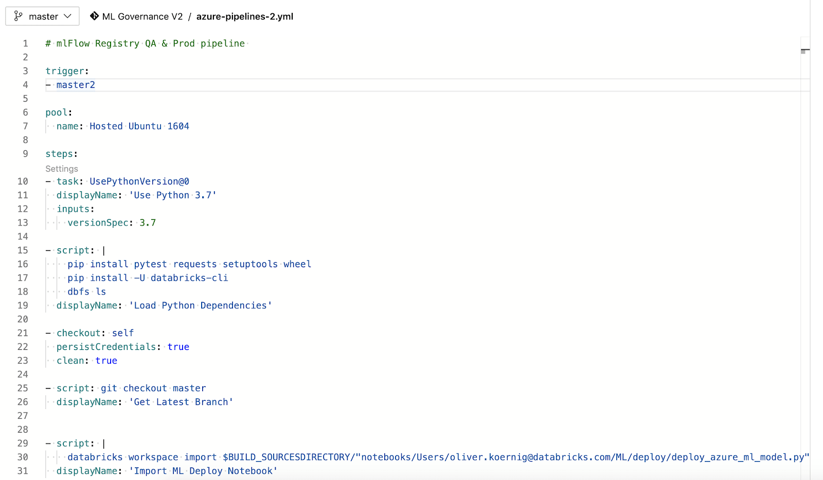 Sample YAML file defining the DevOps pipeline.