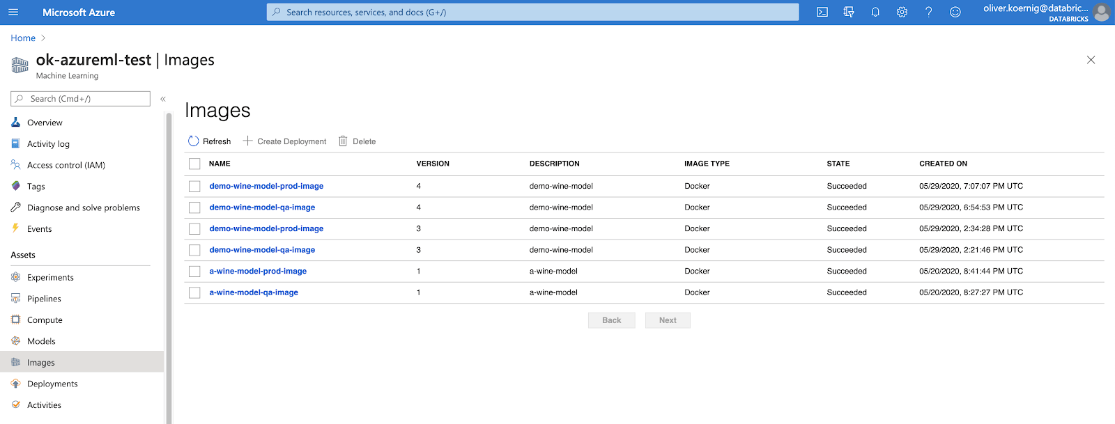 Sample container image in the ML Workspace created via code in an Azure Databricks notebook.