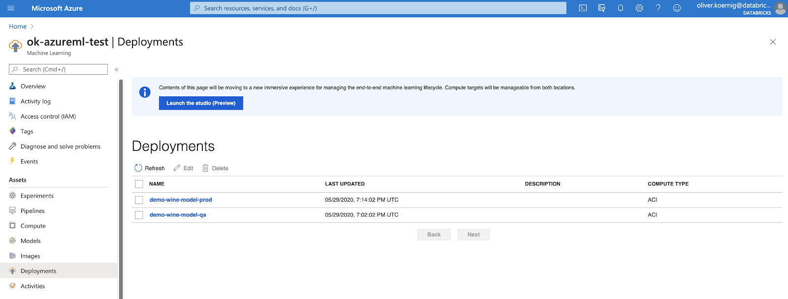 Sample deployment with the requisite REST API created via code in an Azure Databricks notebook.