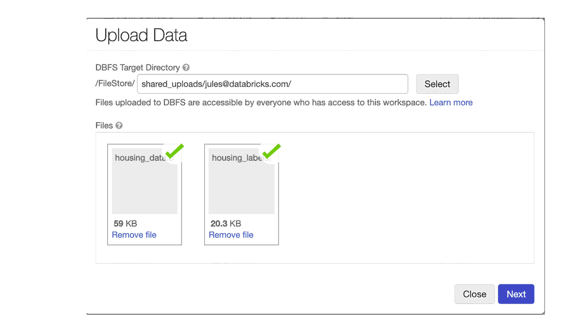 A new feature Upload Data, with a notebook File menu, uploads local data into your workspace. 