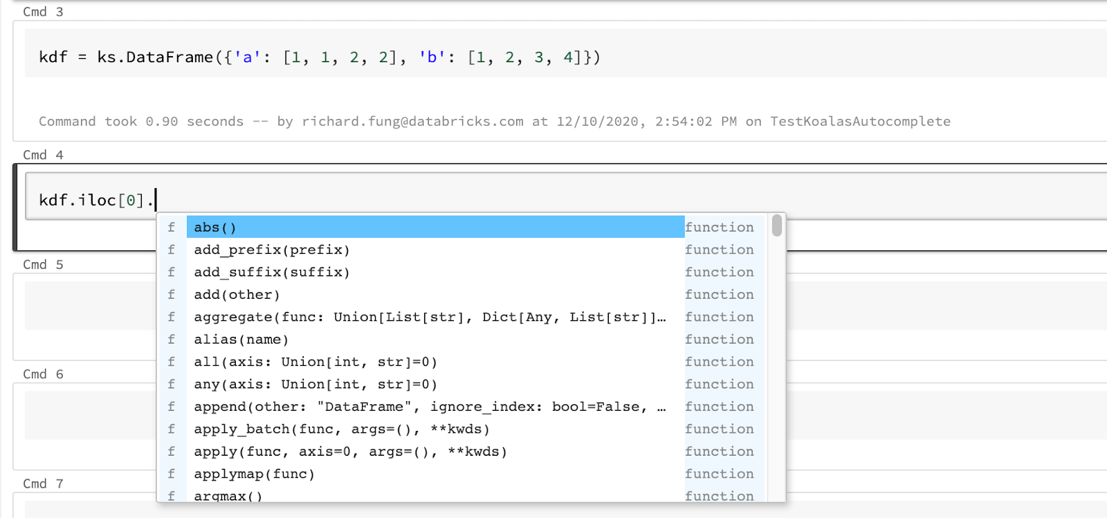 Koalas library is able to get autocomplete results after an index operator