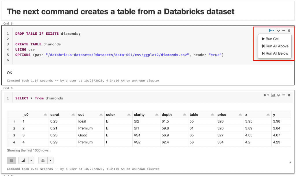 Jupyter Notebookと同様に、セルごとにコードを実行することができます。セルの右上にある実行アイコンから”Run Cell”をクリックします。