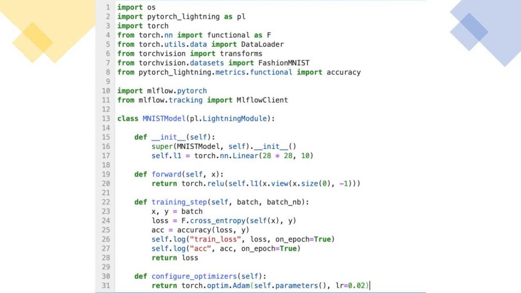 PyTorch Lightning の FashionMNIST インスタンス。トレーニングループのステップだけです。ここでは、MLflow を使用して MLflow エンティティの自動ロギングを行い、MLflow UI を詳細に調べ、モデルの登録とその配信や配置を行っています。