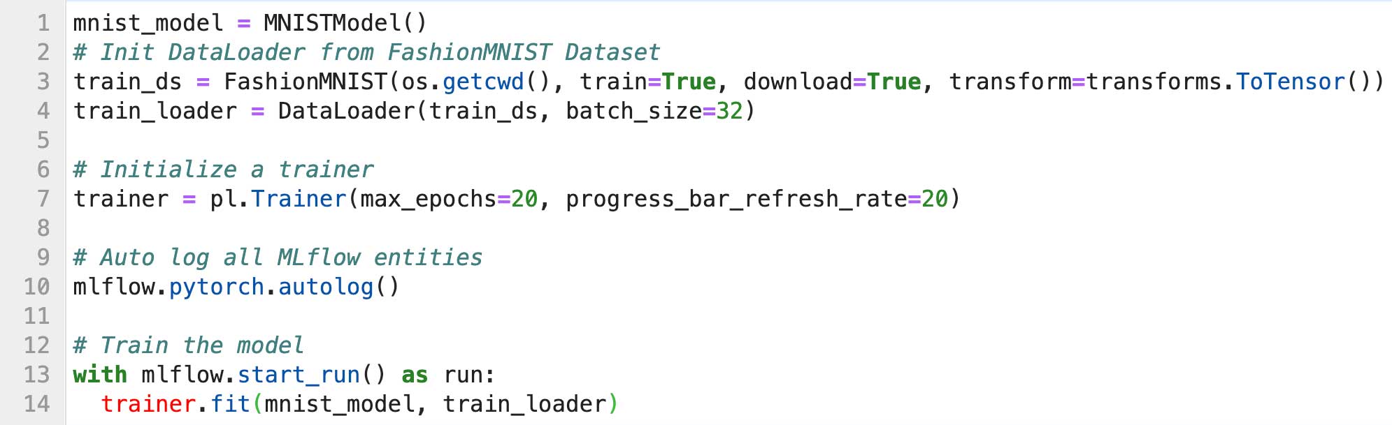 FashionMNIST DataLoader、PyTorch Lightning Trainerを使用します。また、trainer.fit() メソッドの実行時に全ての MLflow エンティティについて自動ロギングを行います。