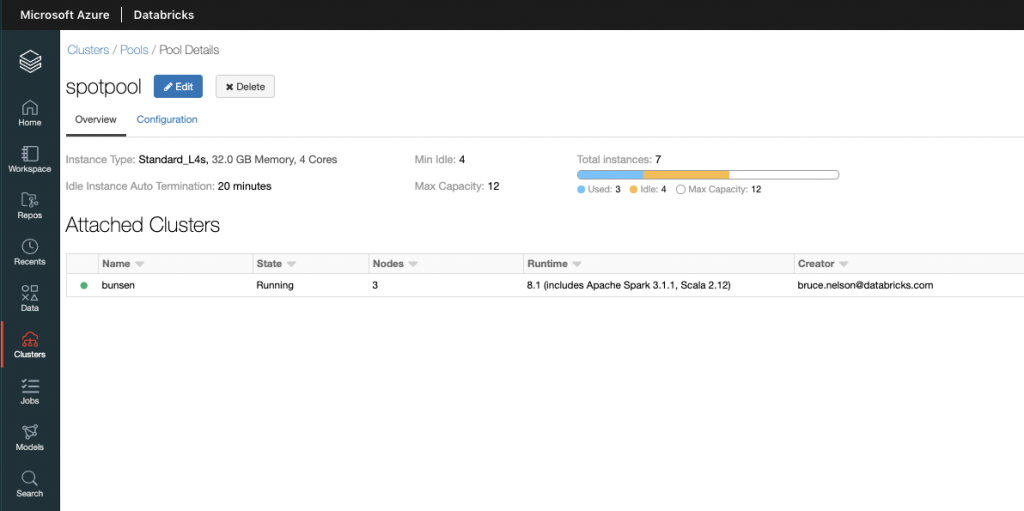 An Azure Databricks cluster attached to a pool with Spot VMs