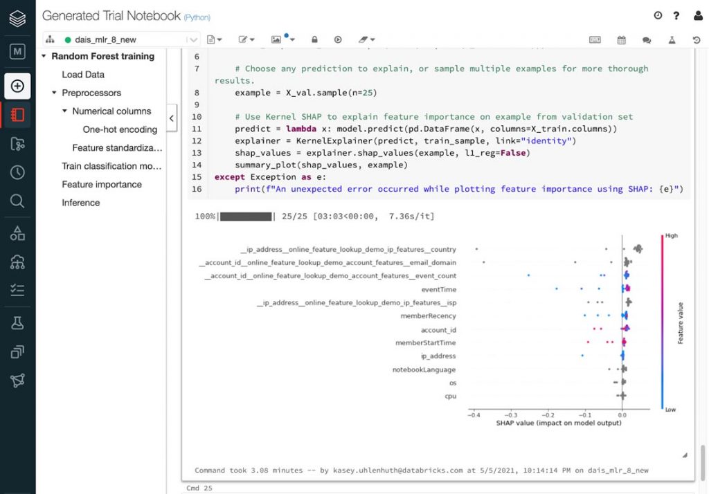 Databricks AutoML, a glass box approach to AutoML that provides Python notebooks for every model trained to augment developer workflows. 