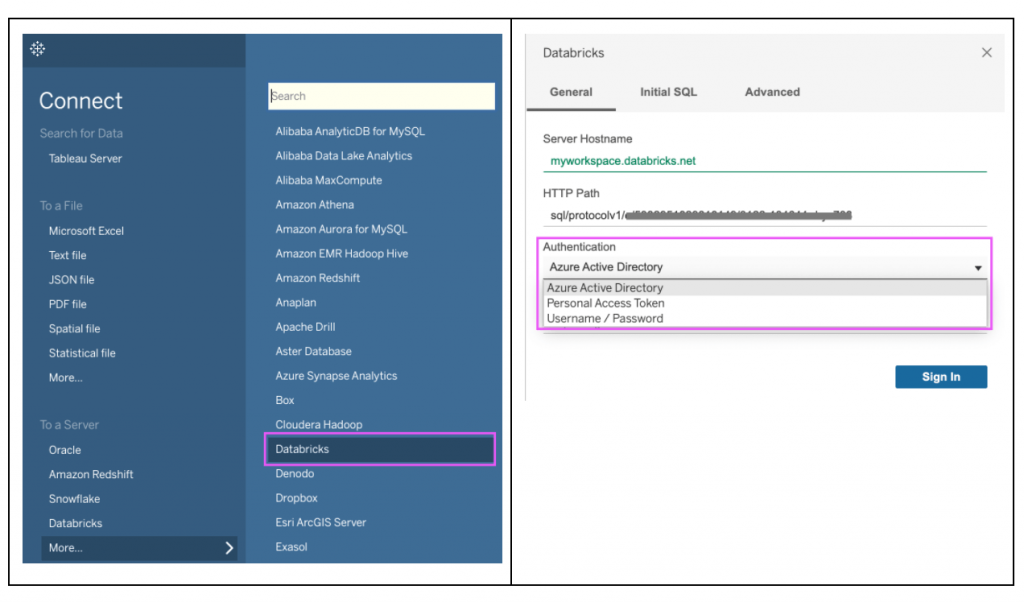 The updated Databricks Connector for Tableau allows the connection to be configured with a couple of clicks.