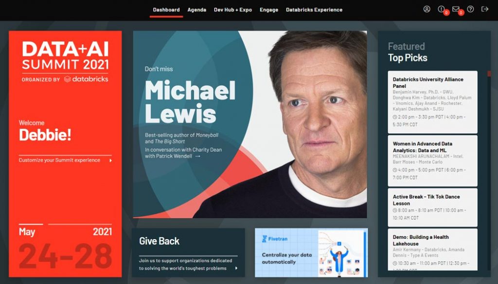 Sample personalized dashboard available to attendees of Data + AI Summit
