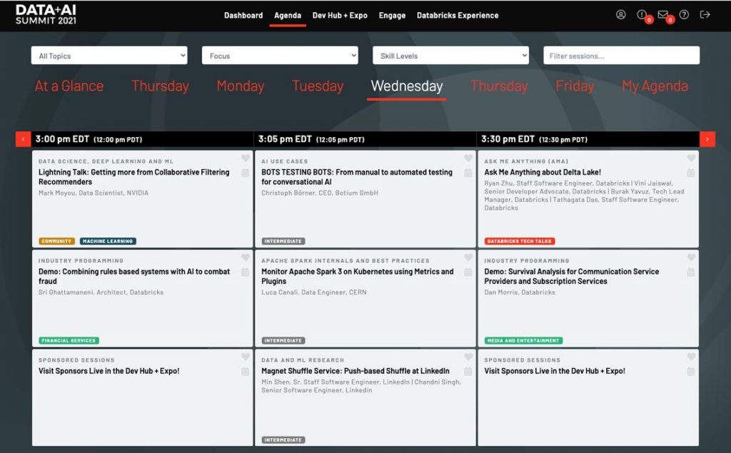 Sample personalized agenda available to attendees of Data + AI Summit