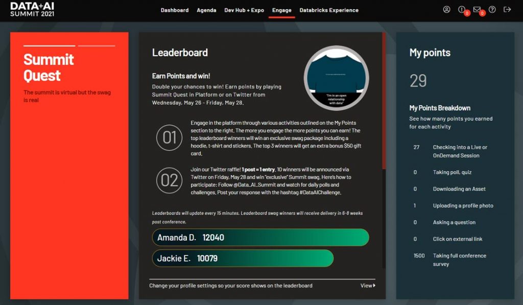 Sample personalized Summit Quest leaderboard available to attendees of Data + AI Summit