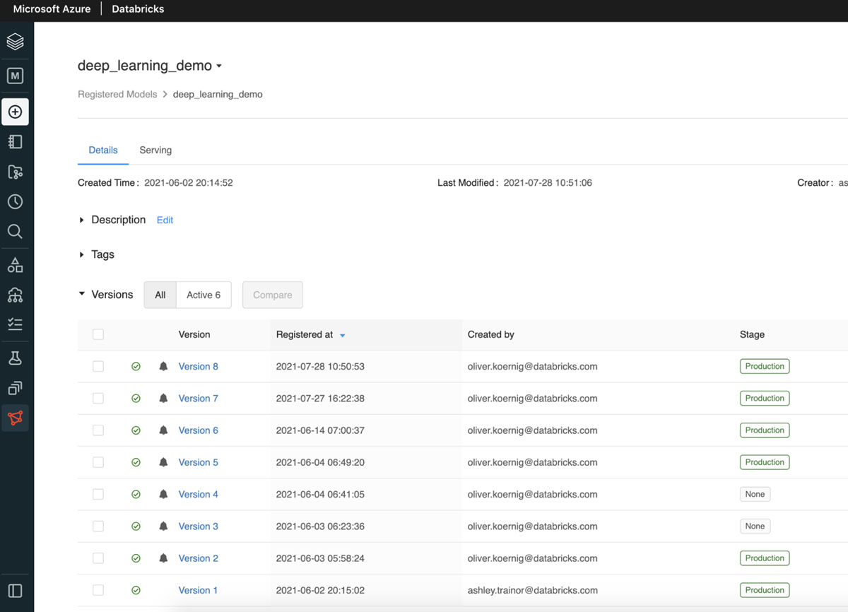 最新の本番環境レベルのモデルを表示する Databricks MLflow モデル UI